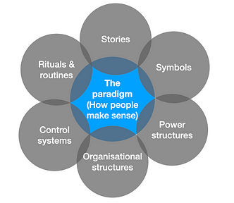 The culture web is a Venn diagram, showing the overlapping factors which create a culture or ‘organisational paradigm’. In the centre is a circle representing this paradigm or sense making framework, around this circle are factors which affect it. They include Stories, Symbols, Power structures, Organisational structures, control systems, rituals and routines.