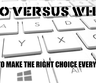 A modern white computer keyboard with a heading Who Versus Whom, and the subheading How to make the right choice every time.