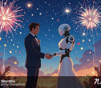 A wedding ceremony between a human groom and a robot bride. Fireworks and sparkling stars can be seen in the background, and four human guests in the foreground.