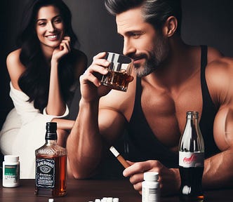 A well-built man is drinking whiskey and coke and vaping. There are supplements, antacids, and aspirin on the table, while a beautiful lady looks on.