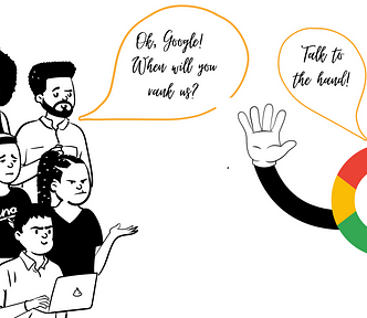 Blog post cover illustration showing people talking to Google