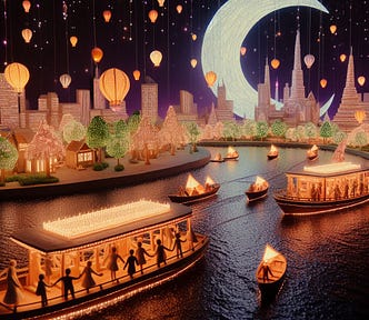 a papier mâché diorama of a lighted boat parade at night