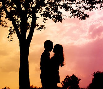 Fantasy, couple, romantic, embrace, sunset sky, tree