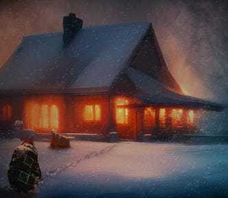 figure wrapped in a blanket huddled in the snow watching a small house burning