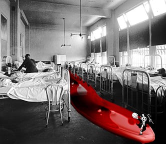 A black and white photo of an old hospital ward. A bright red river of blood courses between the beds. Dancing in the blood is Monopoly’s ‘Rich Uncle Pennybags.’ He has removed his face to reveal a grinning skull.
