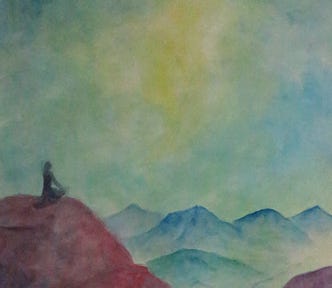 A figure sits high above the world, meditating on the light.