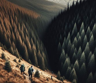 An aerial view of a heavily forested mountain where the woods look dark, thick and sinister compared to the warm evergreens surrounding adjacent areas. A man and woman, outfitted for the backcountry, approach the darkened woods from the left, while a distance away, a solo male hiker, similarly prepared for the backcountry, approaches the same woods from the right.