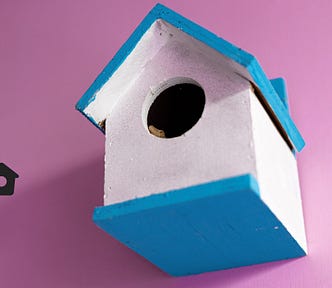 A black twitter “home” icon beside a white and blue bird house.