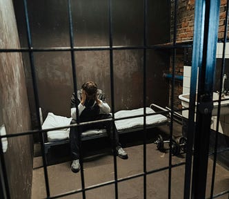 A young man sits in a prison cell, head in hands.