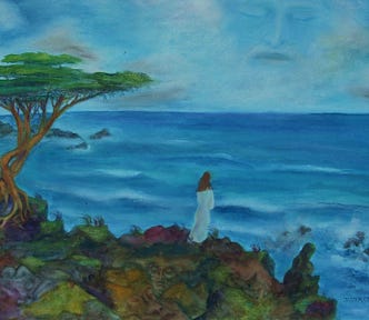 A master stands on a cliff under a lone tree. He gazes at the see. Faces can be seen in the sky and in the ground.
