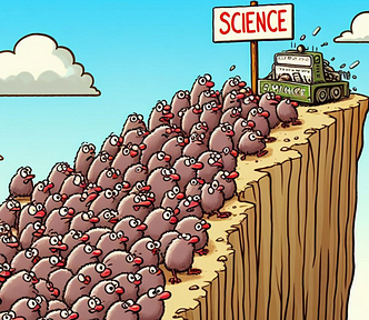 Cartoon of lemmings about to go over a cliff, following a vehicle that personifies Science.