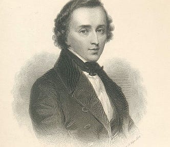 An etching of Chopin from the waist up