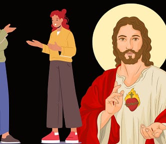 Canva graphic images of a man and women standing together talking next to an iconic image of Jesus with a golden circle behind his head, icon-style, waring a red and beige robe, hoding one finger up and the other hand open. His hair and beard are brown, skin pale, and there’s a heart hanging around his neck. Hes welcoming but not smiling.