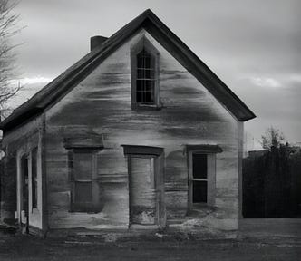 black and white image of beat up looking old house, slight sinister