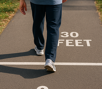 A person walks along a clearly marked 30-foot path on a sunlit paved trail, starting at the “0” line and heading toward the “30 FEET” mark. Only their lower body is visible, emphasizing motion and measurement.