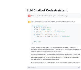 A screenshot of the LLM chatbot code assistant in streamlit.