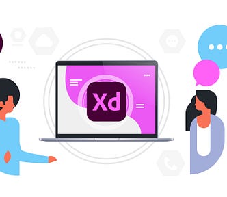 Illustration of people with surrounding UI elements and a laptop with the Adobe XD logo on it.