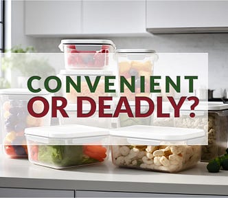 A stack of plastic food storage containers sit on the counter in a modern kitchen. A banner headline reads Convenient or Deadly?