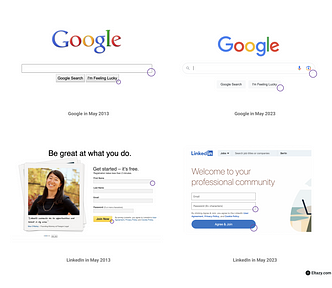 Comparison between Google’s home page in 2013 and 2023 as well as LinkIn’s to show how design elements have been getting more round