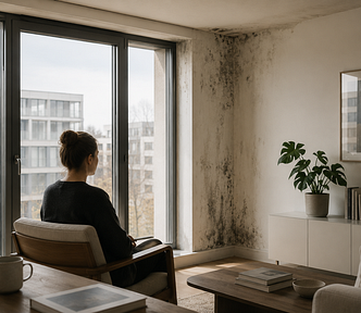 A woman sits quietly in a modern minimalist apartment, looking out through large windows while subtle mold stains appear in the corner of the room, highlighting the tension between contemporary architecture and indoor climate issues.