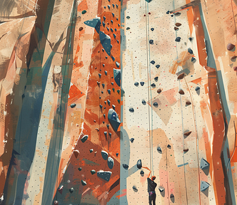 A person standing at the bottom of an indoor climbing wall, looking up and holding the rope.