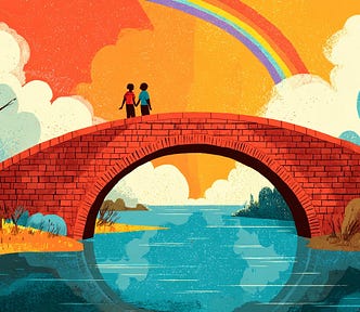 A colourful illustration of two people holding hands standing on a brick bridge over a blue river with a rainbow overhead.