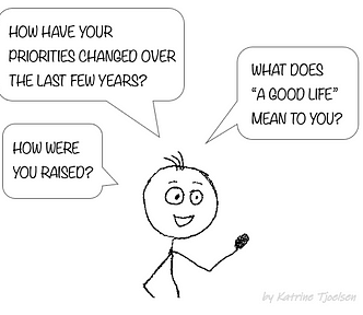 A person asking: “How have your priorities changed over the last few years? What does ‘a good life’ mean to you? How were you raised?”