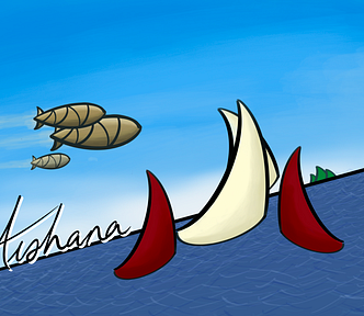 Red-sailed boats chase Aishana’s white-sailed boat as a trio of airships pass overhead. On the horizon, a green shard of island spikes out of the sea.
