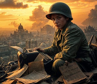 A young army clerk sits hunched over a field typewriter. The background is a mash-up of the D-Day landing, the Vietnam War, and the 1956 Hungarian revolution
