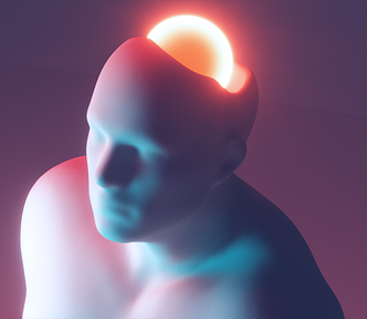 Sculpture of a human with its scalp off to expose a glowing orange orb to represent the human’s brain. You can see the upper half of the human’s body from the chest up standing tall gazing into the horizon. There’s a soft gradient purple background.