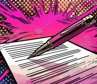 Pop art illustration of a fountain pen writing on a piece of paper. The pen and paper are pink. There is a pink explosion of color in the background.