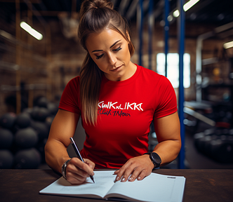 muscly woman in a red shirt at the gym, incongruously writing on a piece of paper.