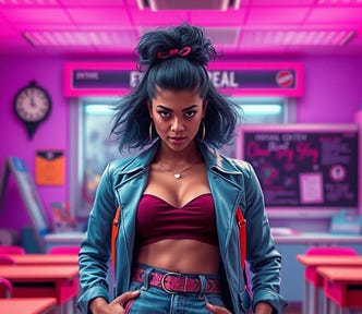 Image shows the colorful image of a teenage rebel standing in an overly pink classroom.