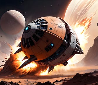 a sci-fi image of a tiny escape-pod crashing down onto a planet