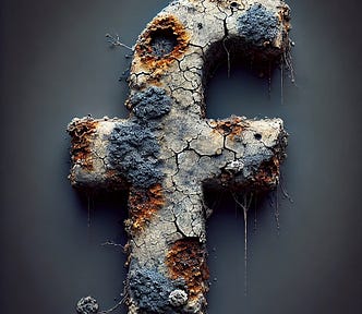 IMAGE: A hyper-realistic illustration of a rotting Facebook logo, showing decay and deterioration