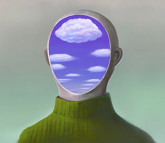 A surrealist image of a person whose face is overlaid with a head-shaped image of clouds in the sky.