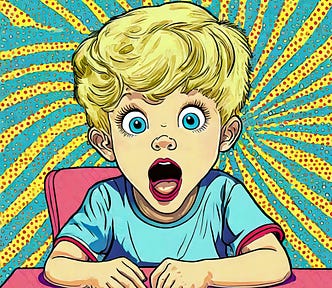 pop art, beautiful boy with golden hair and blue eyes at dinner table, burping with mouth wide open