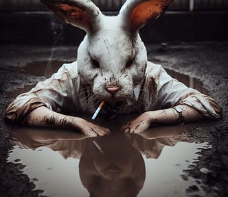 Rabbit Man pushing himself up out of the mud and water.