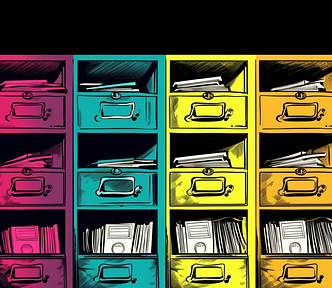 Pop art illustration of filing cabinets filled with folders