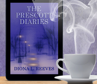 A cup of coffee with The Prescott Diaries novel visible on an e-reader