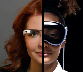 half of a woman’s face wearing Google Glass paired with the opposite half of a different woman’s face wearing Apple’s Vision Pro