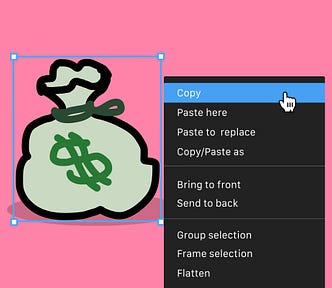 Bag of money with context menu open and selected “Copy”