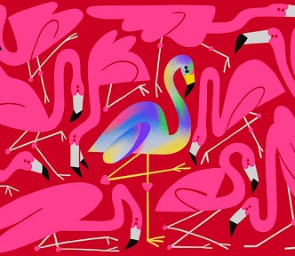 An illustration of pink flamingos in various positions surrounding a rainbow-colored flamingo with heart-shaped joints, standing in the middle behind a red background.