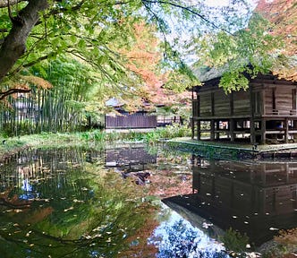 Autumn leaves overhang a pond and wooden temple building at Chusonji in Hiraizumi.