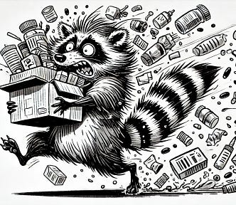 A crazy raccoon that carries a box of products and stumbles