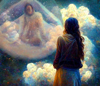 Woman talking to a being in a sphere in the clouds.