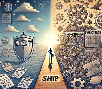 Here is the illustration inspired by the concepts of mediocrity and perfectionism, showing how they can both be obstacles to progress. DALL-E 2024, Bahram Hooshyar Yousefi