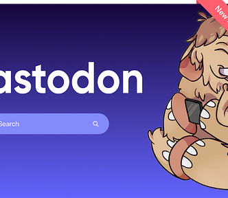 Mastodon Search. The Mastodon logo with an illustration of a cute mastodon that’s smiling with its eyes squinting in delight. It’s holding a mobile device and looking off to the side. A search form input is overlaid with placeholder text that reads “search.” A corner banner reads “new home and updates at markwrites.io.”