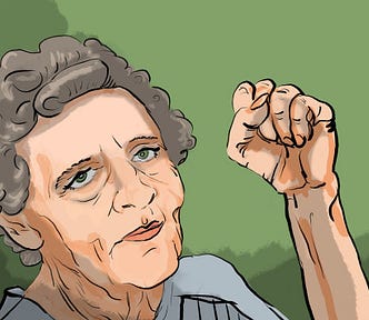 cartoon of gray haired old lady raising her fist in a power gesture (ageism and discrimination)