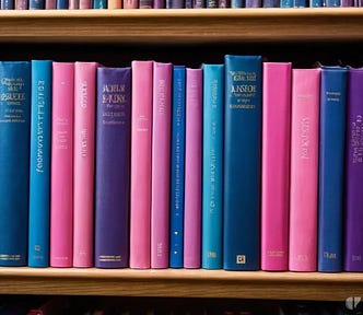 A bookshelf with several pink, blue, & purple books.